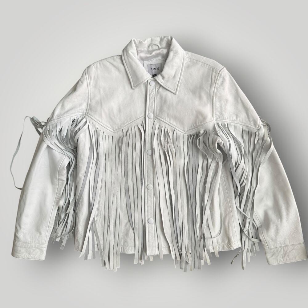 AMEN Collection Off White Light Blue 100% Sheep Leather Fringe Western Jacket L